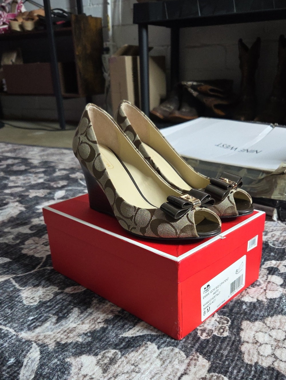 Coach Brown Signature Peep-Toe Wedges with Bow Accent